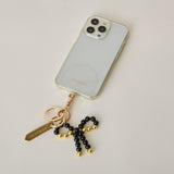 HASHIBAMI【Ha-2502-400 リボン天然石 スマホハンドストラップ】ブラックカルセドニー
