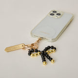 HASHIBAMI【Ha-2502-400 リボン天然石 スマホハンドストラップ】ブラックカルセドニー